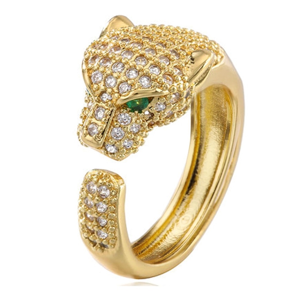 14kt Gold Plated CZ Diamonds Green Gemstone Ring Panther Leopard 7-8
